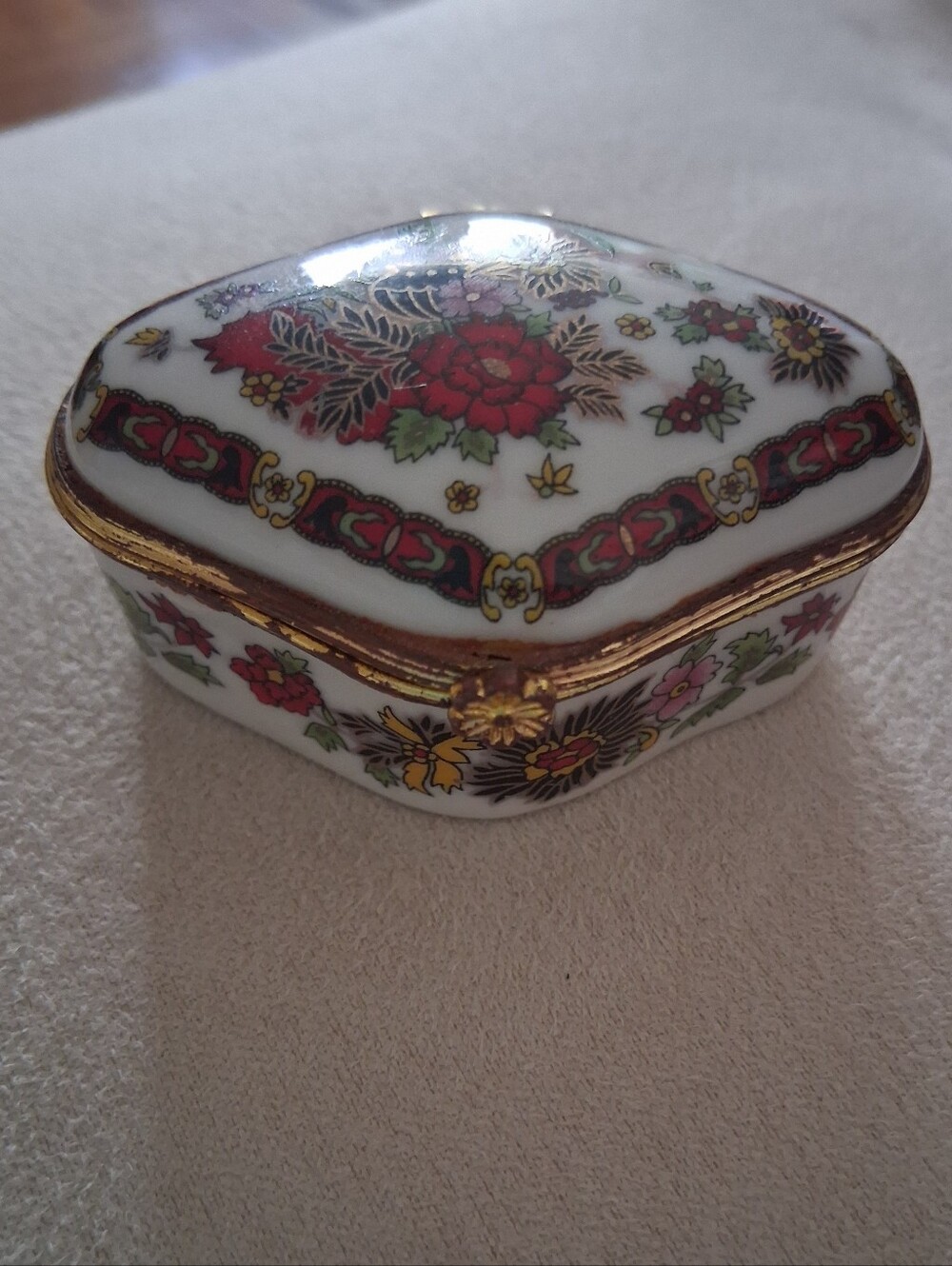 Antique Porcelain Floral Trinket Box with Gold Trim